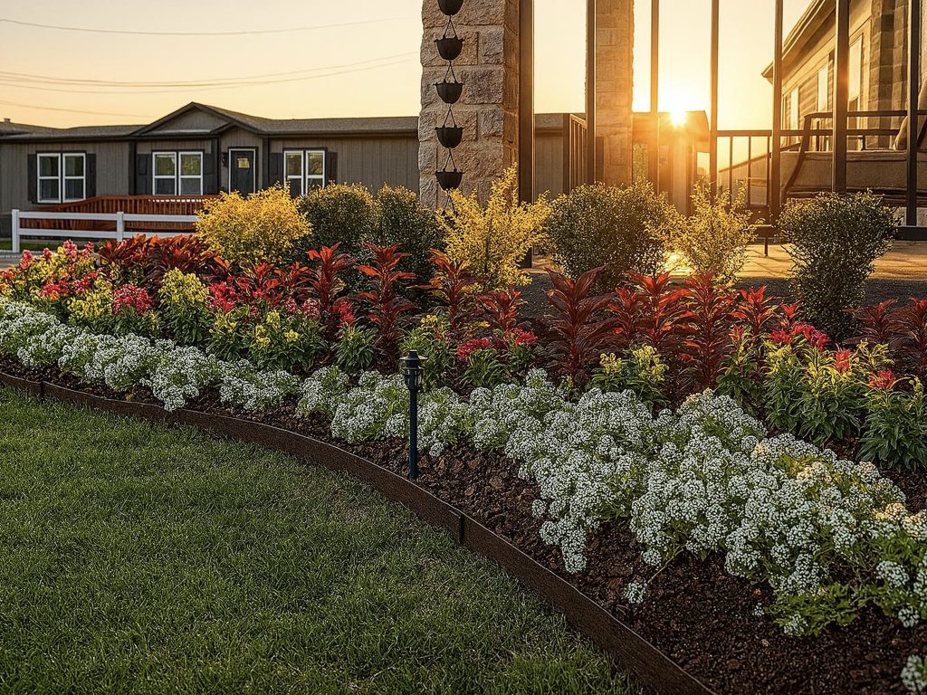 Colorful flower bed landscaping with red and yellow blooms, white border flowers, and sunset lighting by Hood Lawn Care